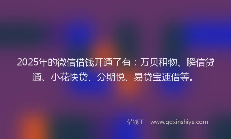 2025年的微信借钱开通了有：万贝租物、瞬信贷通、小花快贷、分期悦、易贷宝速借等。