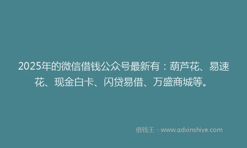 2025年的微信借钱公众号最新有：葫芦花、易速花、现金白卡、闪贷易借、万盛商城等。