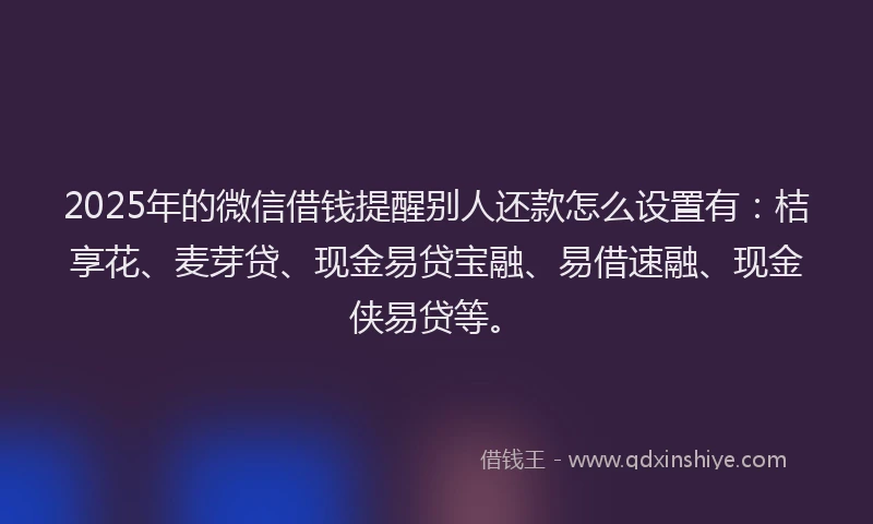 2025年的微信借钱提醒别人还款怎么设置有：桔享花、麦芽贷、现金易贷宝融、易借速融、现金侠易贷等。