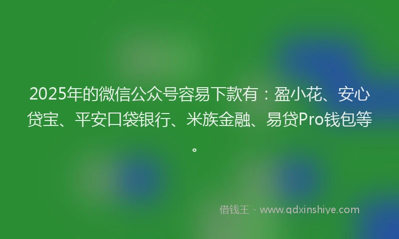2025年的微信公众号容易下款有：盈小花、安心贷宝、平安口袋银行、米族金融、易贷Pro钱包等。