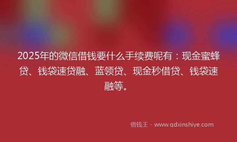 2025年的微信借钱要什么手续费呢有：现金蜜蜂贷、钱袋速贷融、蓝领贷、现金秒借贷、钱袋速融等。
