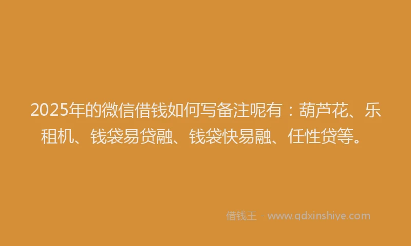 2025年的微信借钱如何写备注呢有：葫芦花、乐租机、钱袋易贷融、钱袋快易融、任性贷等。