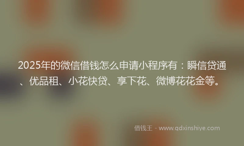 2025年的微信借钱怎么申请小程序有：瞬信贷通、优品租、小花快贷、享下花、微博花花金等。
