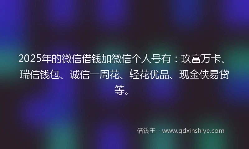 2025年的微信借钱加微信个人号有：玖富万卡、瑞信钱包、诚信一周花、轻花优品、现金侠易贷等。