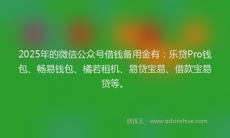 2025年的微信公众号借钱备用金有：乐贷Pro钱包、畅易钱包、橘若租机、易贷宝易、借款宝易贷等。