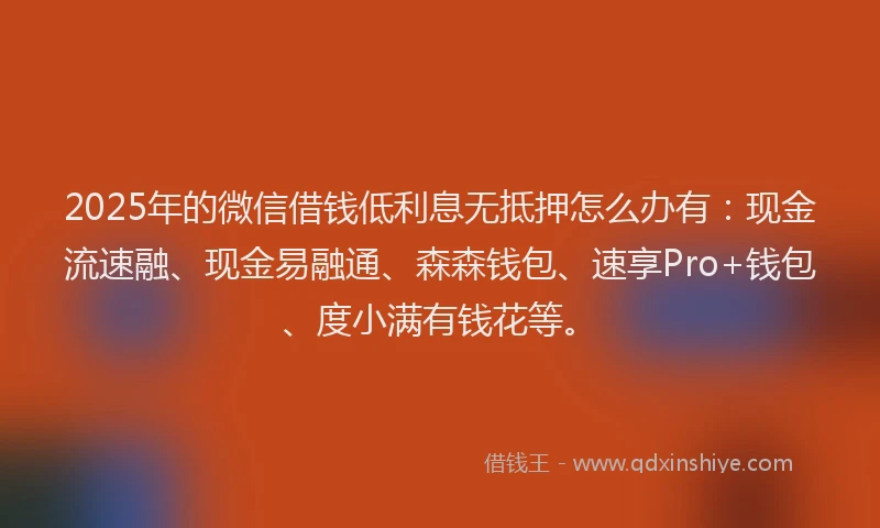 2025年的微信借钱低利息无抵押怎么办有：现金流速融、现金易融通、森森钱包、速享Pro+钱包、度小满有钱花等。
