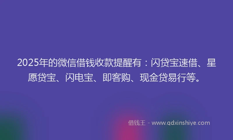 2025年的微信借钱收款提醒有：闪贷宝速借、星愿贷宝、闪电宝、即客购、现金贷易行等。