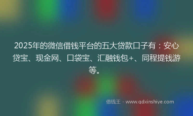 2025年的微信借钱平台的五大贷款口子有：安心贷宝、现金网、口袋宝、汇融钱包+、同程提钱游等。