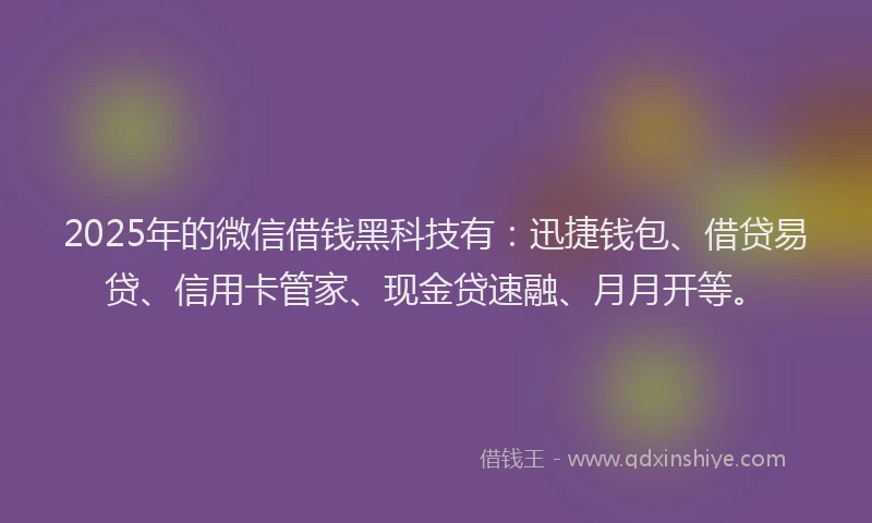 2025年的微信借钱黑科技有：迅捷钱包、借贷易贷、信用卡管家、现金贷速融、月月开等。