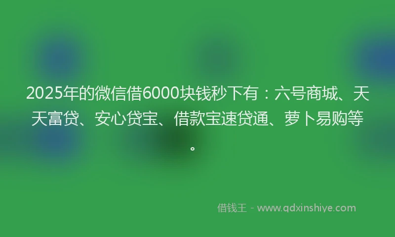 2025年的微信借6000块钱秒下有：六号商城、天天富贷、安心贷宝、借款宝速贷通、萝卜易购等。