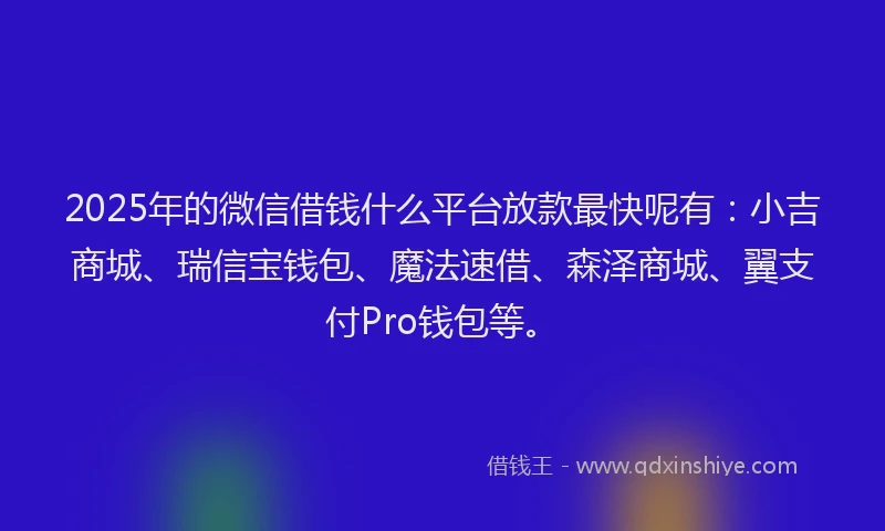 2025年的微信借钱什么平台放款最快呢有：小吉商城、瑞信宝钱包、魔法速借、森泽商城、翼支付Pro钱包等。