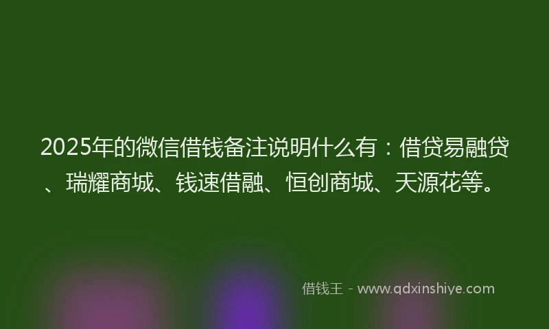 2025年的微信借钱备注说明什么有：借贷易融贷、瑞耀商城、钱速借融、恒创商城、天源花等。