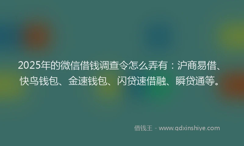 2025年的微信借钱调查令怎么弄有：沪商易借、快鸟钱包、金速钱包、闪贷速借融、瞬贷通等。