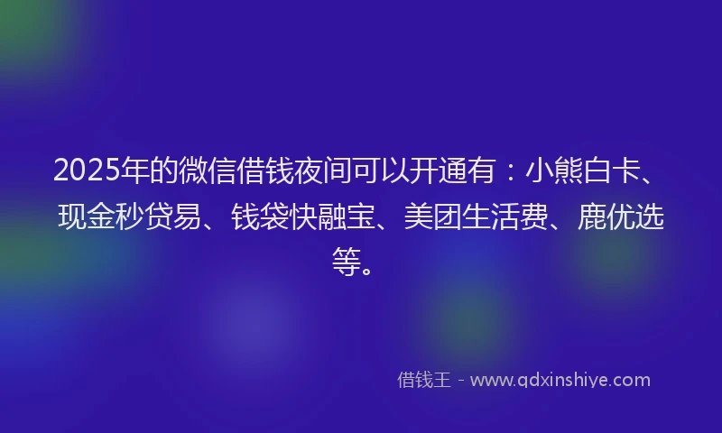 2025年的微信借钱夜间可以开通有：小熊白卡、现金秒贷易、钱袋快融宝、美团生活费、鹿优选等。
