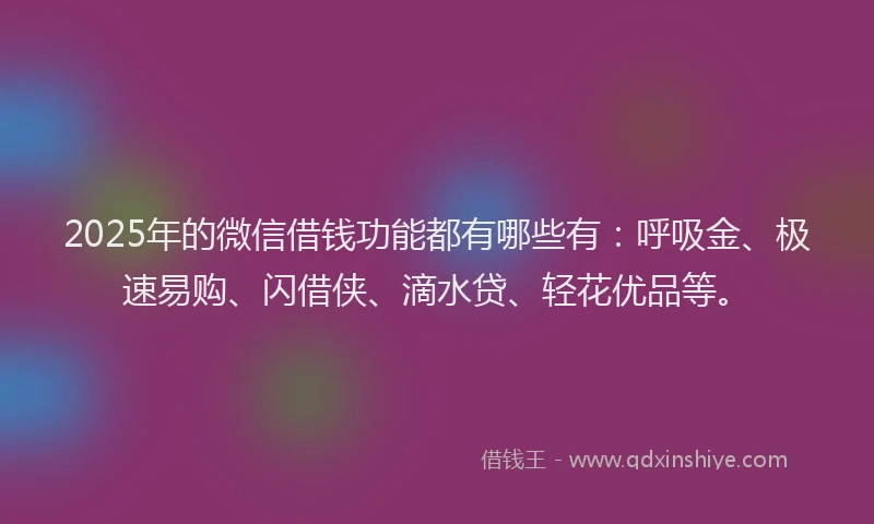 2025年的微信借钱功能都有哪些有：呼吸金、极速易购、闪借侠、滴水贷、轻花优品等。