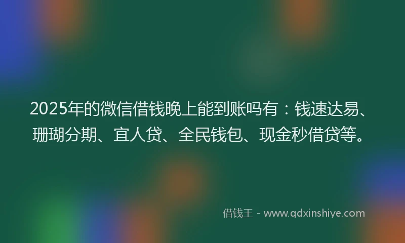 2025年的微信借钱晚上能到账吗有：钱速达易、珊瑚分期、宜人贷、全民钱包、现金秒借贷等。
