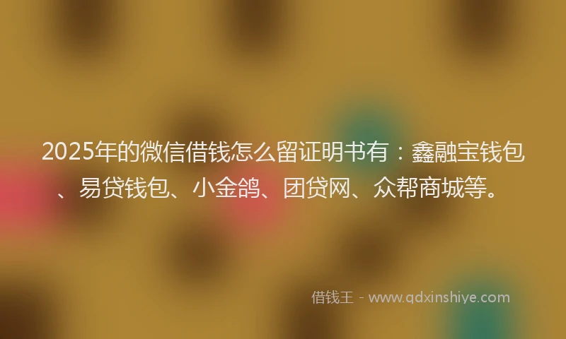 2025年的微信借钱怎么留证明书有：鑫融宝钱包、易贷钱包、小金鸽、团贷网、众帮商城等。