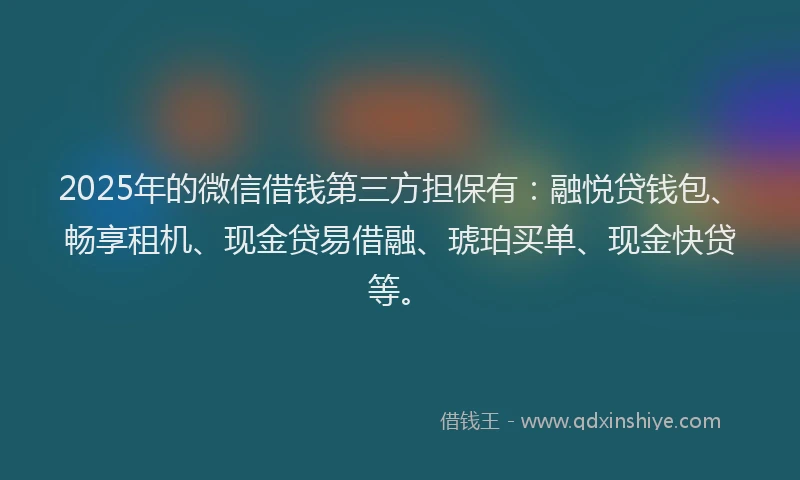 2025年的微信借钱第三方担保有：融悦贷钱包、畅享租机、现金贷易借融、琥珀买单、现金快贷等。