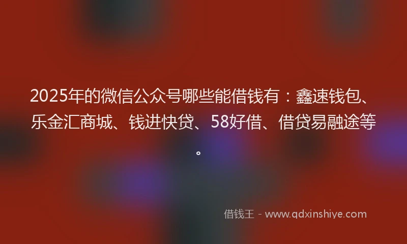 2025年的微信公众号哪些能借钱有：鑫速钱包、乐金汇商城、钱进快贷、58好借、借贷易融途等。