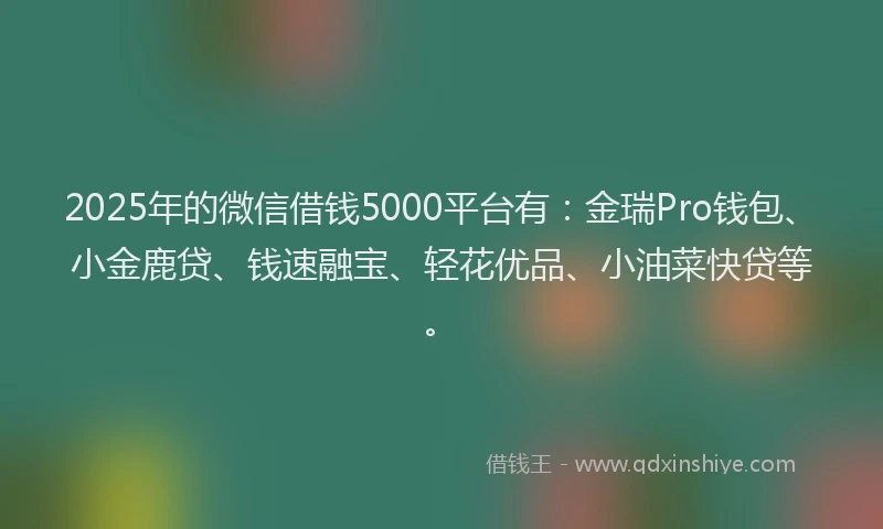 2025年的微信借钱5000平台有：金瑞Pro钱包、小金鹿贷、钱速融宝、轻花优品、小油菜快贷等。