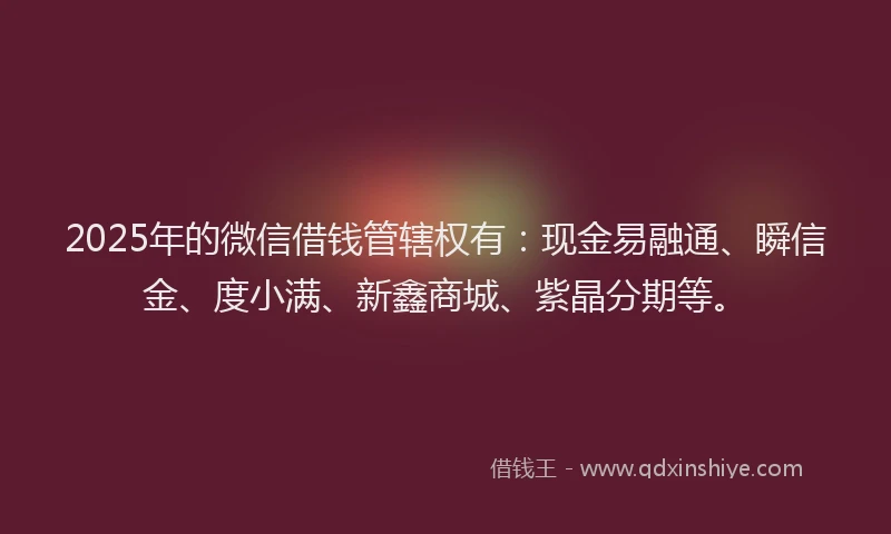 2025年的微信借钱管辖权有：现金易融通、瞬信金、度小满、新鑫商城、紫晶分期等。