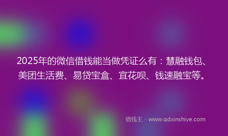 2025年的微信借钱能当做凭证么有：慧融钱包、美团生活费、易贷宝盒、宜花呗、钱速融宝等。