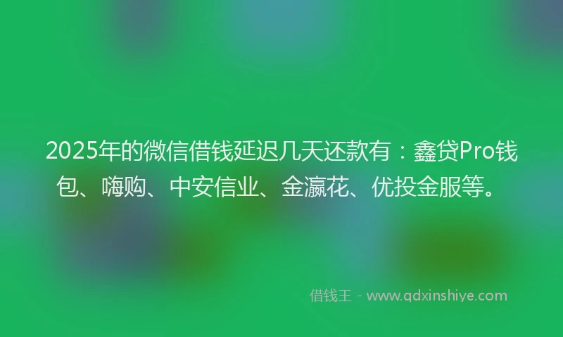 2025年的微信借钱延迟几天还款有：鑫贷Pro钱包、嗨购、中安信业、金瀛花、优投金服等。