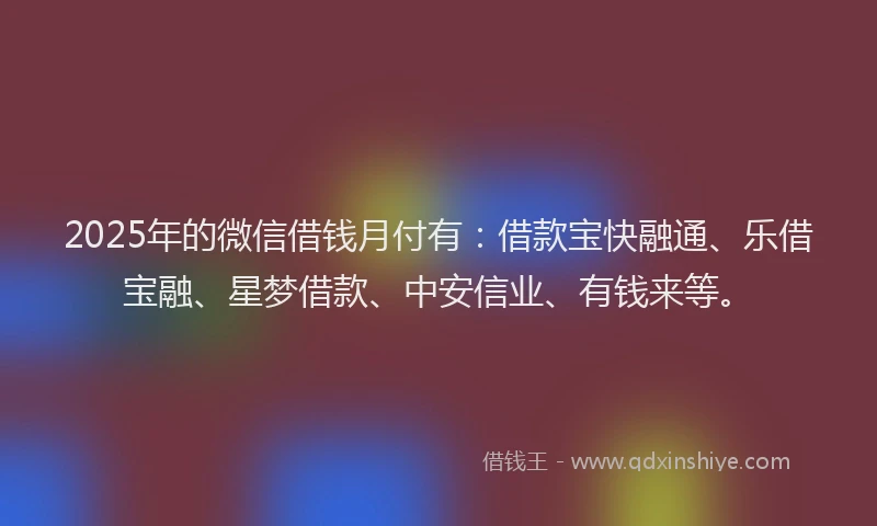 2025年的微信借钱月付有：借款宝快融通、乐借宝融、星梦借款、中安信业、有钱来等。