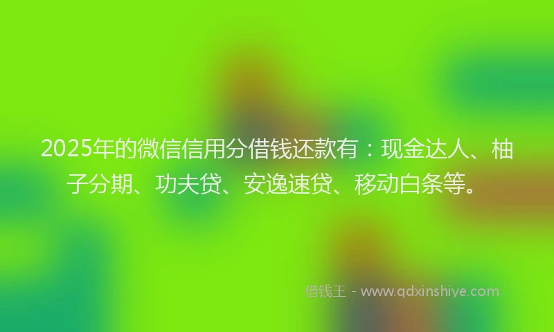 2025年的微信信用分借钱还款有：现金达人、柚子分期、功夫贷、安逸速贷、移动白条等。