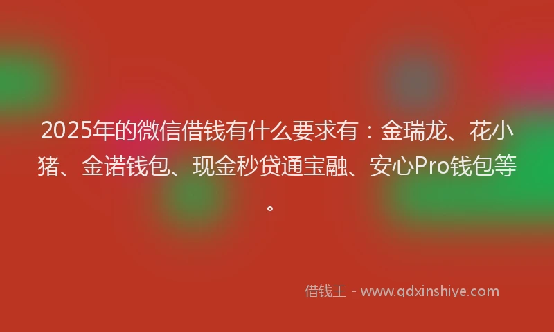 2025年的微信借钱有什么要求有：金瑞龙、花小猪、金诺钱包、现金秒贷通宝融、安心Pro钱包等。
