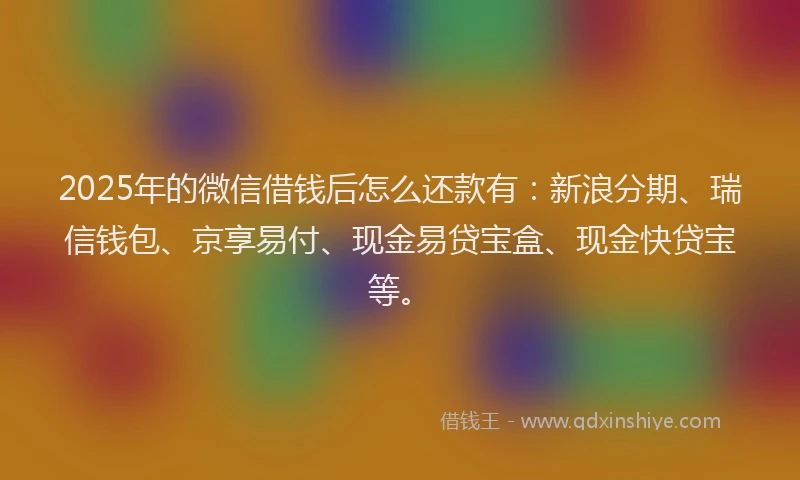 2025年的微信借钱后怎么还款有：新浪分期、瑞信钱包、京享易付、现金易贷宝盒、现金快贷宝等。