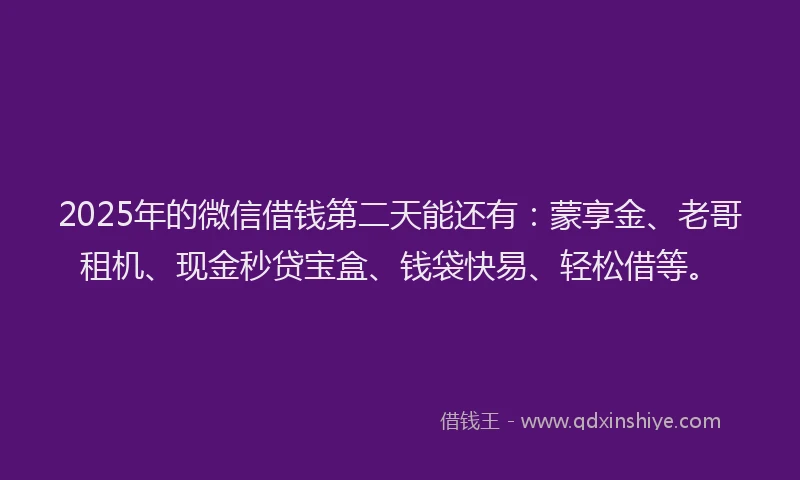 2025年的微信借钱第二天能还有：蒙享金、老哥租机、现金秒贷宝盒、钱袋快易、轻松借等。