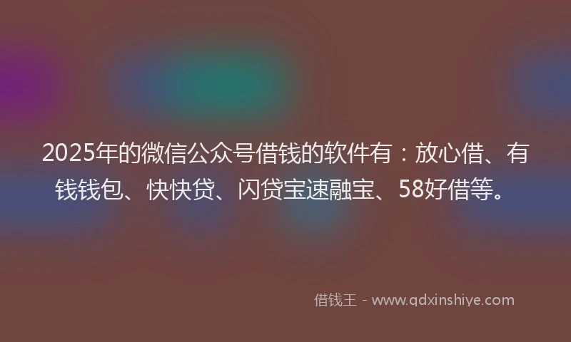 2025年的微信公众号借钱的软件有：放心借、有钱钱包、快快贷、闪贷宝速融宝、58好借等。