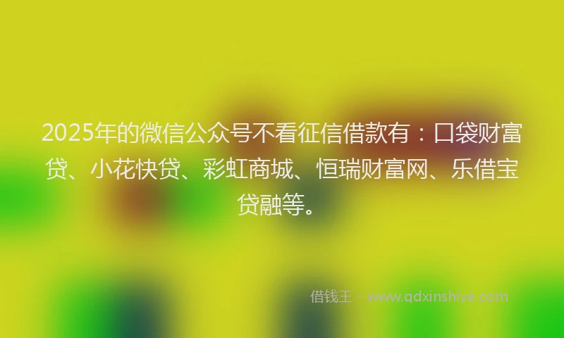 2025年的微信公众号不看征信借款有：口袋财富贷、小花快贷、彩虹商城、恒瑞财富网、乐借宝贷融等。