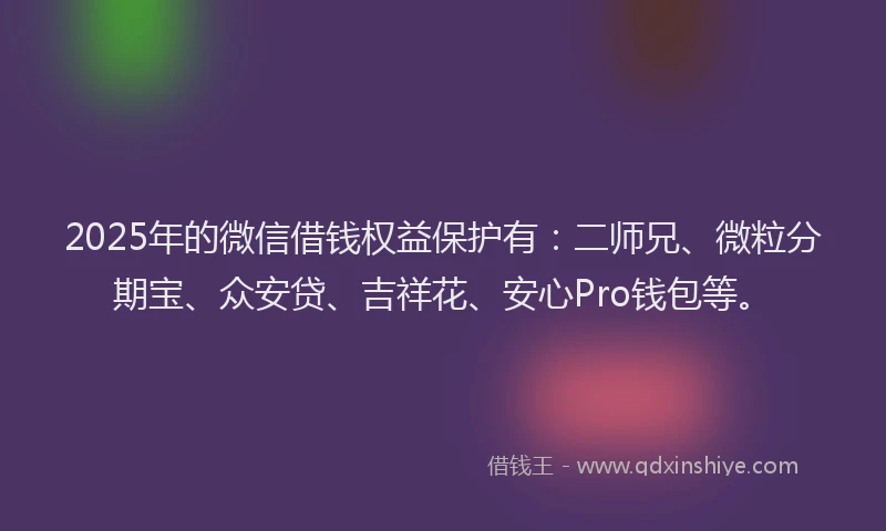 2025年的微信借钱权益保护有：二师兄、微粒分期宝、众安贷、吉祥花、安心Pro钱包等。