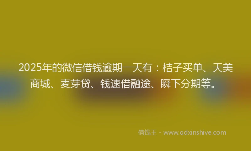 2025年的微信借钱逾期一天有：桔子买单、天美商城、麦芽贷、钱速借融途、瞬下分期等。