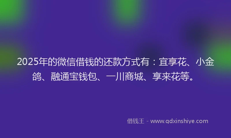 2025年的微信借钱的还款方式有：宜享花、小金鸽、融通宝钱包、一川商城、享来花等。
