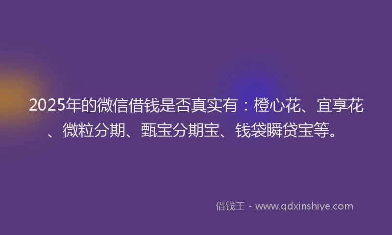 2025年的微信借钱是否真实有：橙心花、宜享花、微粒分期、甄宝分期宝、钱袋瞬贷宝等。