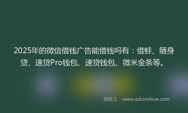 2025年的微信借钱广告能借钱吗有：借蛙、随身贷、速贷Pro钱包、速贷钱包、微米金条等。