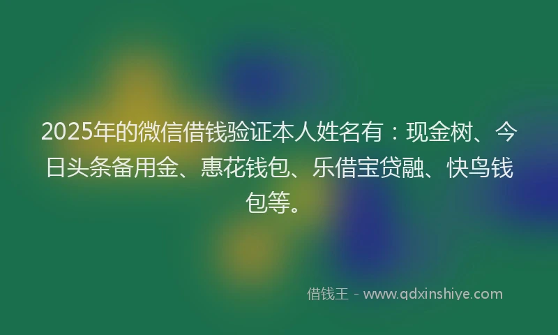 2025年的微信借钱验证本人姓名有：现金树、今日头条备用金、惠花钱包、乐借宝贷融、快鸟钱包等。