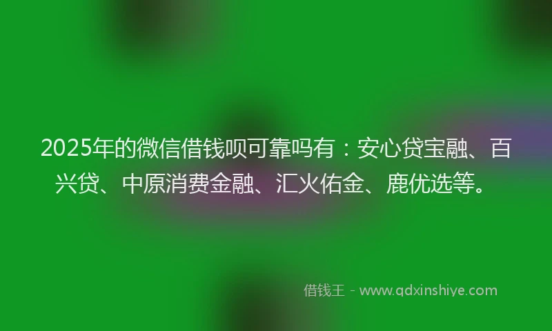 2025年的微信借钱呗可靠吗有：安心贷宝融、百兴贷、中原消费金融、汇火佑金、鹿优选等。