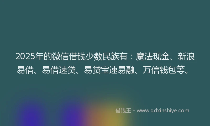 2025年的微信借钱少数民族有：魔法现金、新浪易借、易借速贷、易贷宝速易融、万信钱包等。