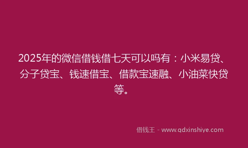2025年的微信借钱借七天可以吗有：小米易贷、分子贷宝、钱速借宝、借款宝速融、小油菜快贷等。