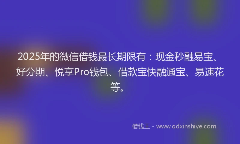 2025年的微信借钱最长期限有：现金秒融易宝、好分期、悦享Pro钱包、借款宝快融通宝、易速花等。