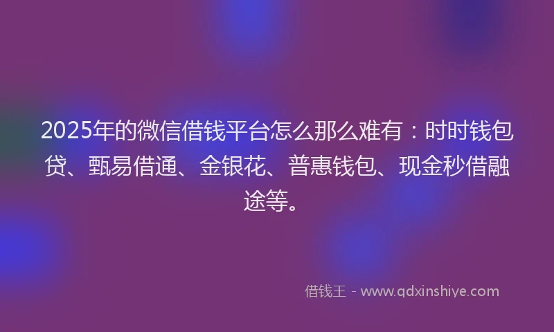 2025年的微信借钱平台怎么那么难有：时时钱包贷、甄易借通、金银花、普惠钱包、现金秒借融途等。