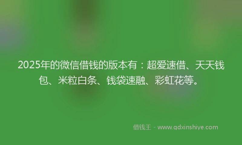 2025年的微信借钱的版本有：超爱速借、天天钱包、米粒白条、钱袋速融、彩虹花等。