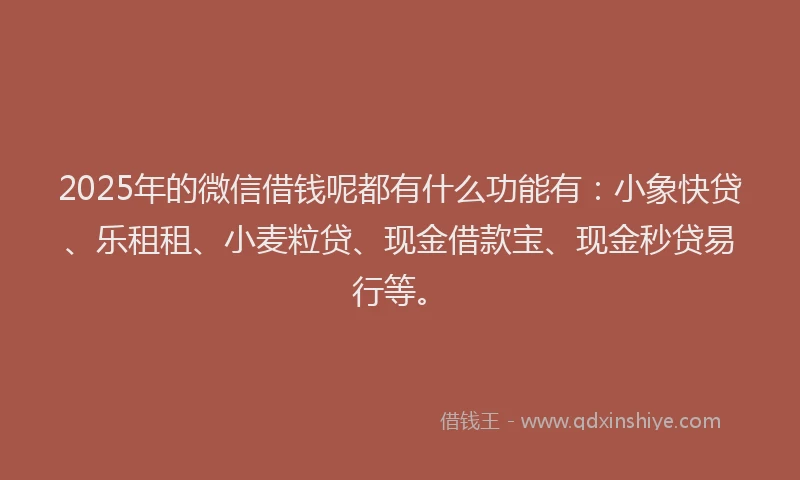 2025年的微信借钱呢都有什么功能有：小象快贷、乐租租、小麦粒贷、现金借款宝、现金秒贷易行等。