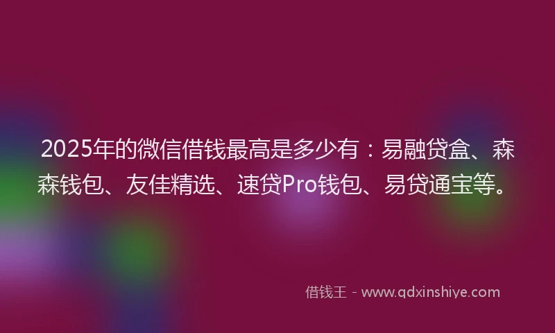 2025年的微信借钱最高是多少有：易融贷盒、森森钱包、友佳精选、速贷Pro钱包、易贷通宝等。