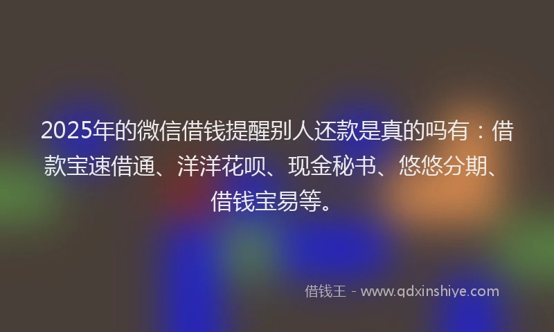 2025年的微信借钱提醒别人还款是真的吗有：借款宝速借通、洋洋花呗、现金秘书、悠悠分期、借钱宝易等。