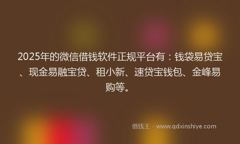 2025年的微信借钱软件正规平台有：钱袋易贷宝、现金易融宝贷、租小新、速贷宝钱包、金峰易购等。
